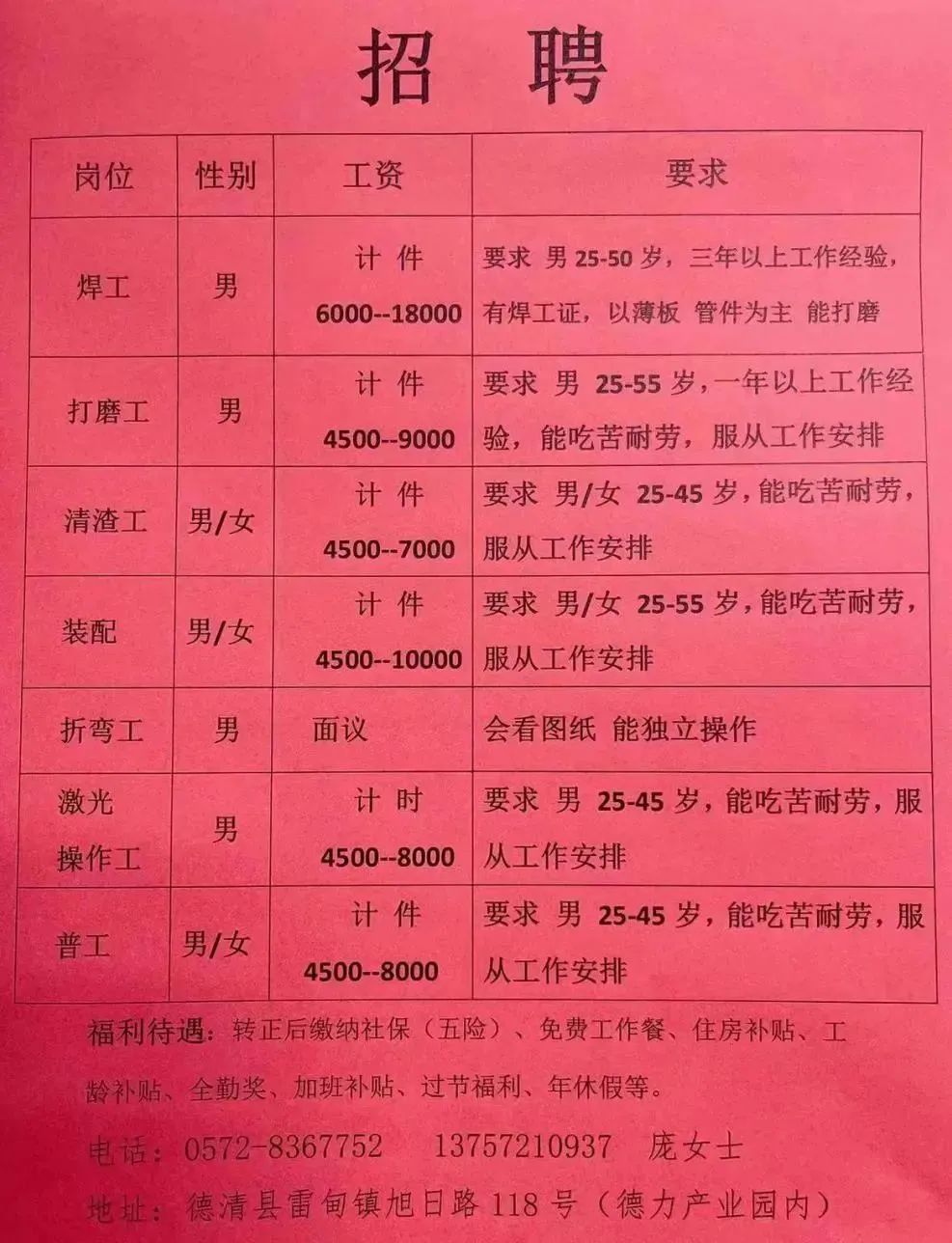 黄骅普通工人最新招聘信息招募中！